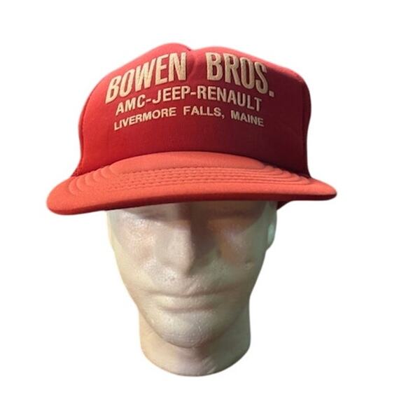 Vintage Bowen Bros Hat Jeep Maine Red White Snapback Trucker Hat Dad Cap Auto - Picture 2 of 6